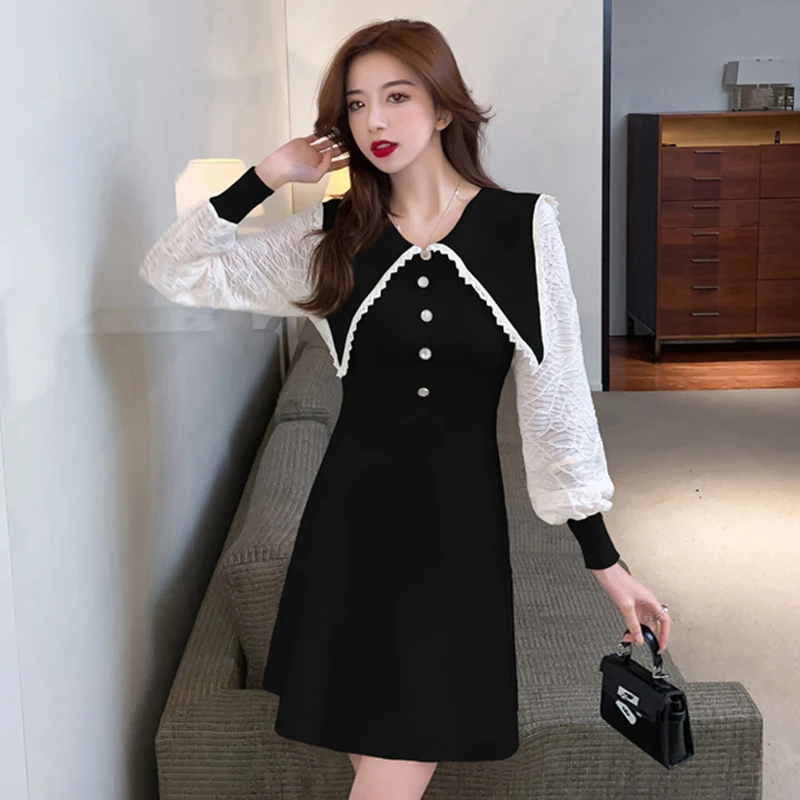 

Fashion Women Vintage Peter pan Collar Perspective Long Sleeve Mini Party Dress Streetwear Sweet Cute Lace Knitted Female Dress