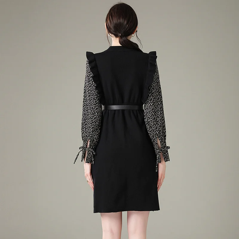 

Autumn Women New Ruffles Knitted Patchwork Corduroy Long Sleeve Dress Elegant Slim Ladies Party Dresses Vestidos With Belt