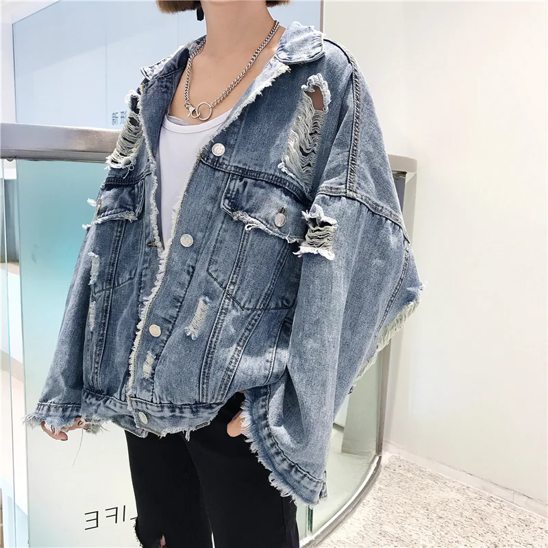 

Fashion Korean 2021 Spring Autumn Women's Denim Jacket Hole Wild Bat Sleeve Tops Casual Tide Style Solid Color Jaqueta Jeans