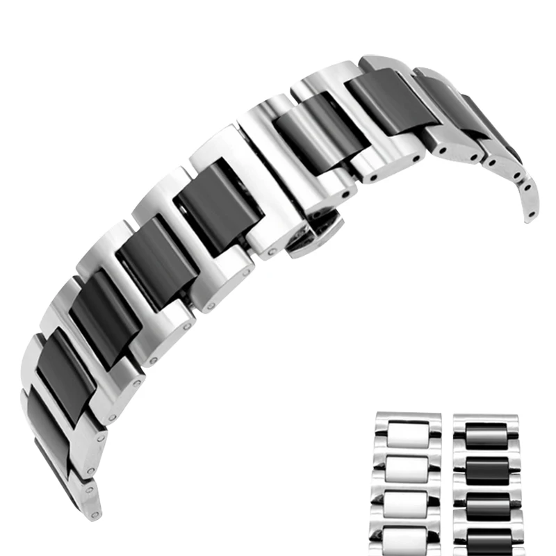 Ceramic bracelet in stainless steel watchband watch strap women man wristwatches band 12 14 16 18 20 22mm white Butterfly buckle