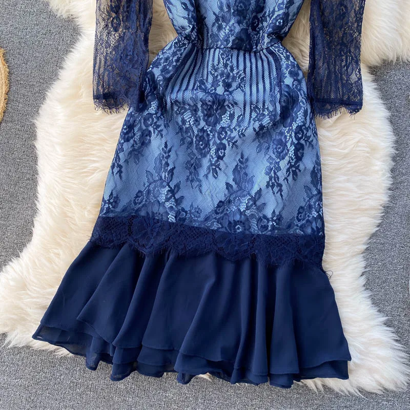 

Women Lace Patchwork Dress Korean Slash Neck Ruffle A Line Dress Summer Casual Chiffon Midi Long Strap Dress