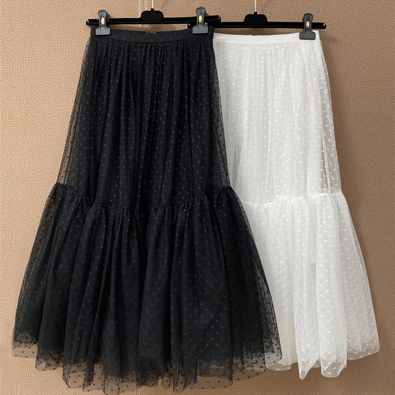 

Женская юбка средней длины в горошек, черно-белая пышная универсальная сетчатая юбка средней длины в стиле ретро, весна-лето 2021
