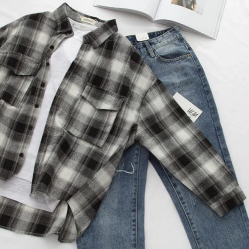 Женская клетчатая рубашка в Корейском стиле Харадзюку модная простая