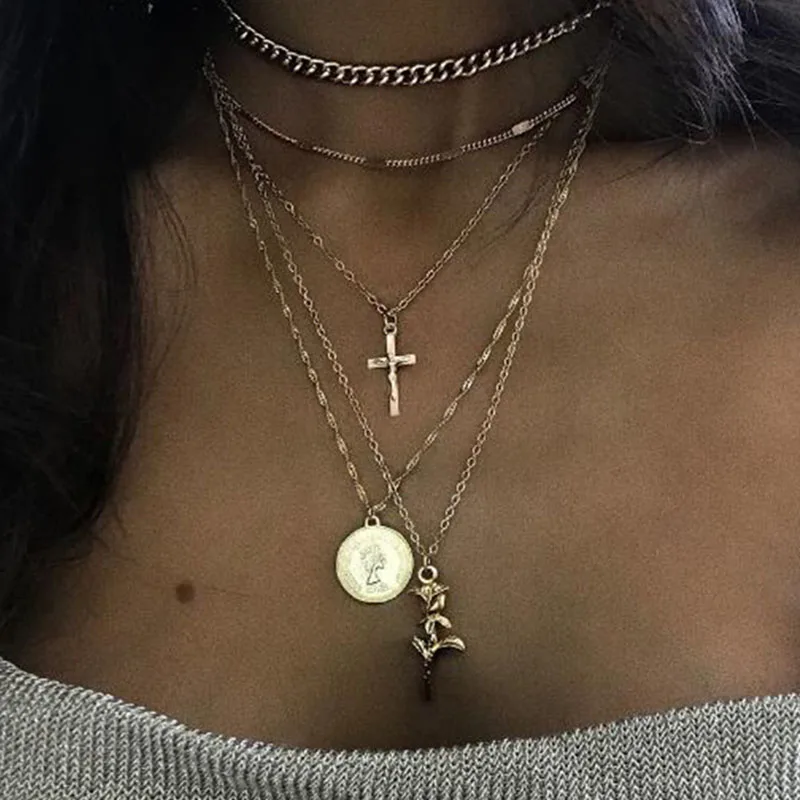 Многослойная цепочка HebeDeer женское ожерелье с розовым крестом ювелирные изделия