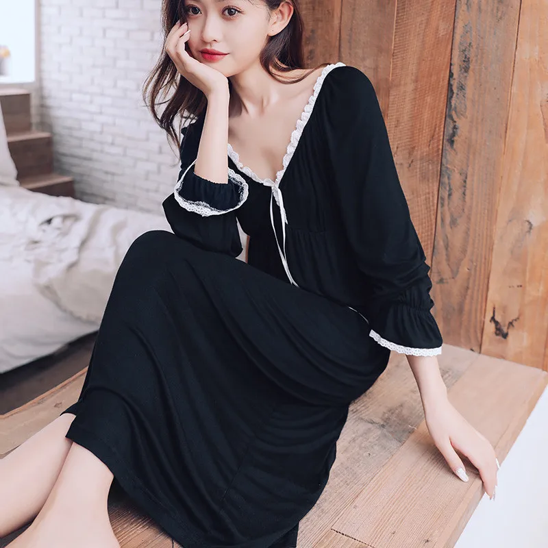 

Fdfklak 2022 Night Shirt Spring Autumn Home Dresses Modal Cotton Long Sleeve Nightdress Sexy V Neck Vestidos Female Nightgowns