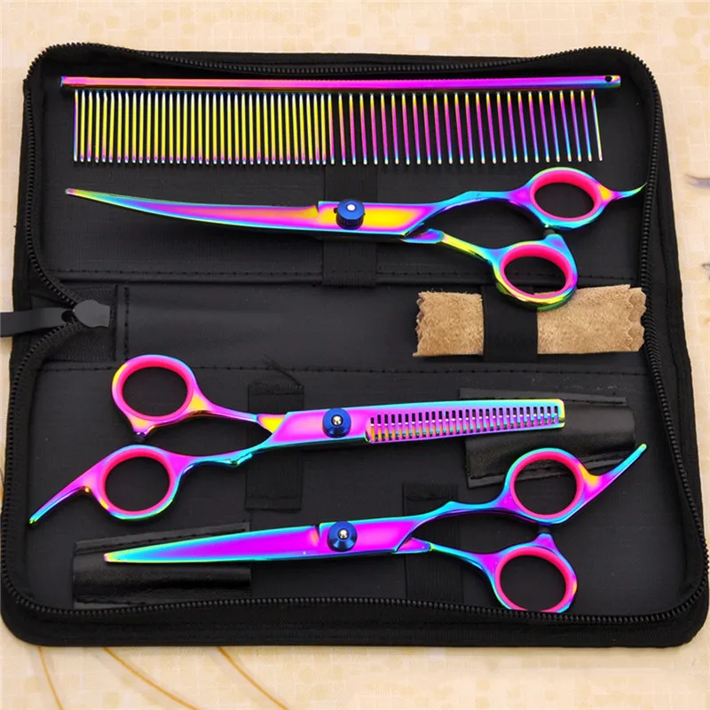 

7.0 Inch Professional Pet Scissors For Dog Grooming Dogs Shears Hair Cutter Straight &Thinning & Curved Scissors 3pcs Set +Comb