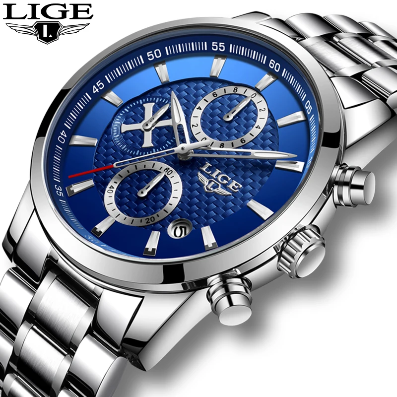 Часы наручные LIGE Мужские кварцевые модные брендовые Роскошные