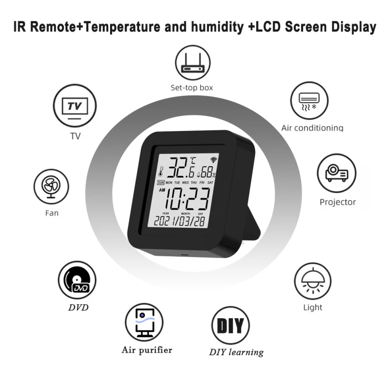 

Tuya Smart Life WIFI Smart IR Remote With Temperature And Humidity Sensor Indoor Thermometer LCD Display For Alexa Google Home