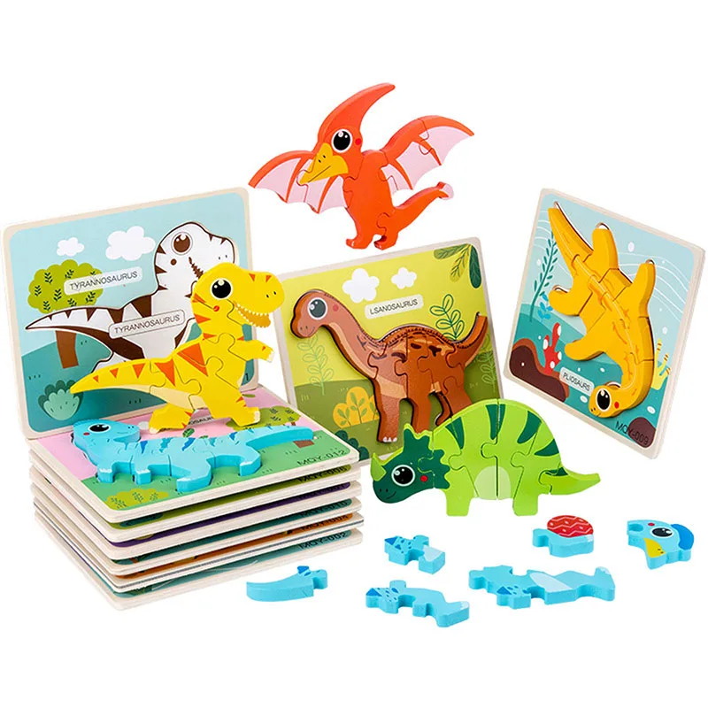 

Dinosaur Theme Wooden 3D Puzzle Tangram Shapes Learning Cartoon Animal Jigsaw Puzzle For Children Kids