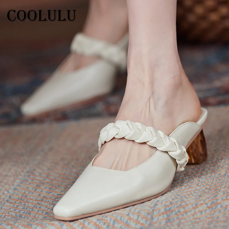 

COOLULU Real Leather Mules Shoes Women Med Heels Crystal Strange Style Heel Pumps Square Toe Ladies Dress Footwear White Size 45