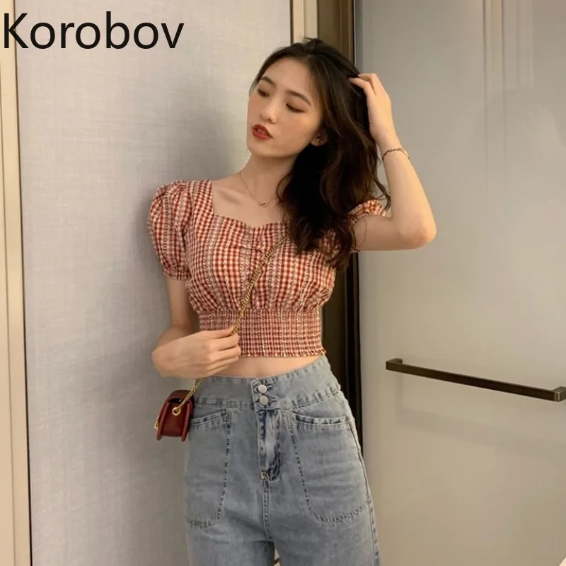 Корейская шикарная клетчатая полосатая Лоскутная Короткая Блузка Korobov Женская