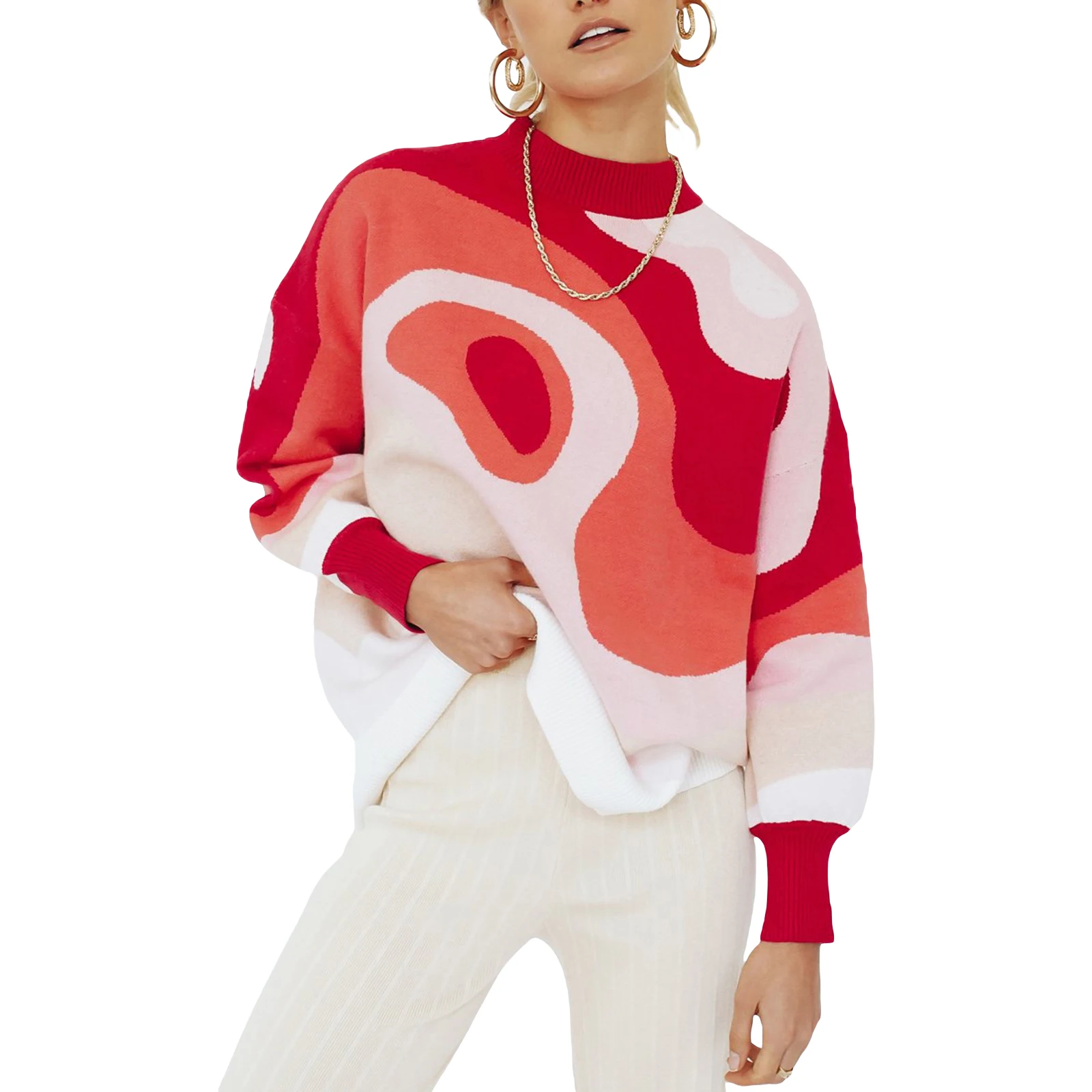 

Women's Mock Neck Knit Tops Long Sleeve Abstract Print Color Block Personality Loose Casual Sweater Red/Black/Blue