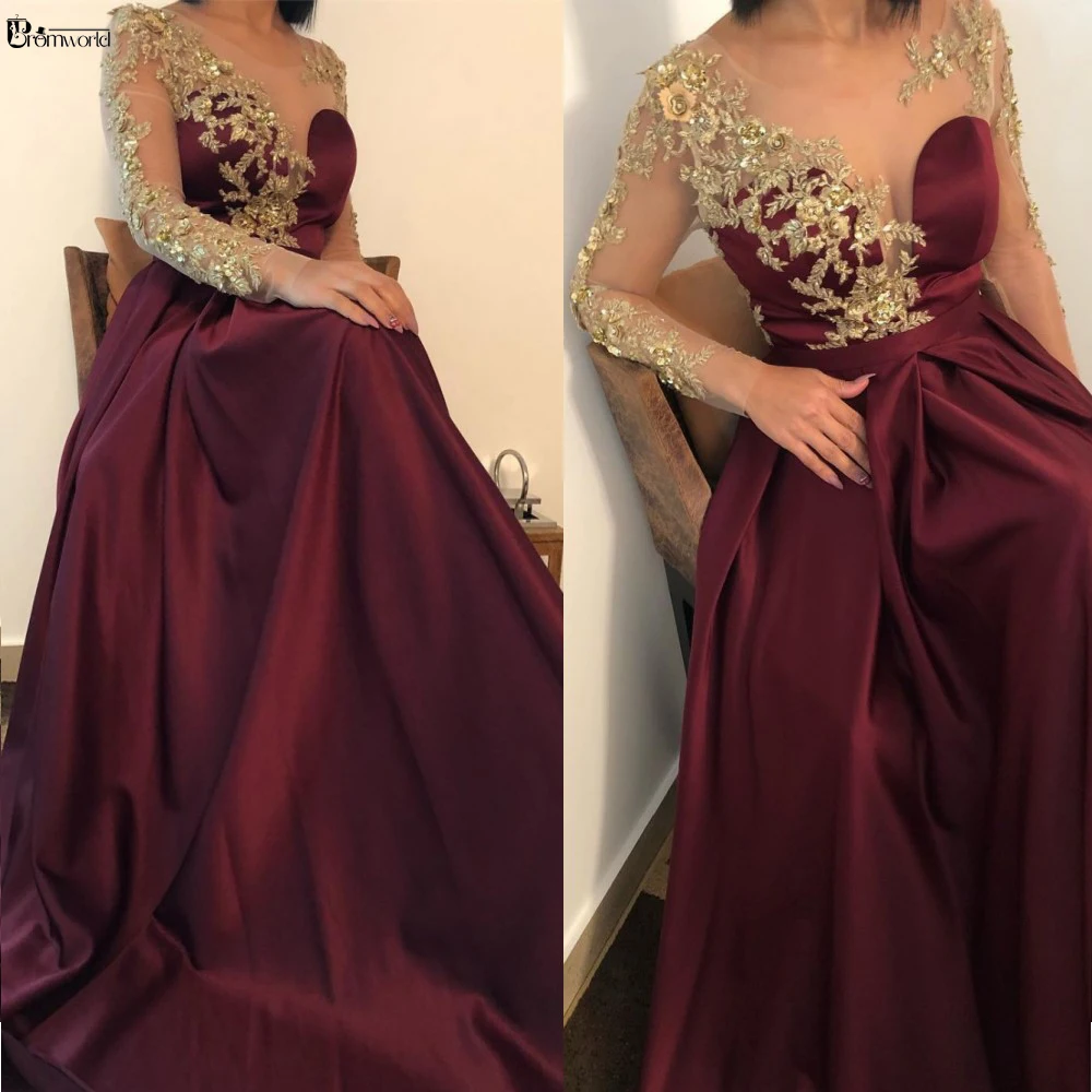 Elegant Burgundy A-Line Evening Dresses Illusion Long Sleeve Formal Prom Dress 2022 Gold Flowers Lace Satin Robe De Soiree