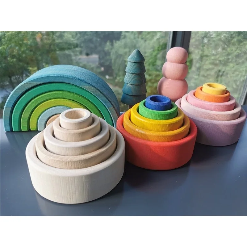 baby montessori wooden toys rainbow nesting bowls unpaint nature wood stackable arch colorful forest trees free global shipping