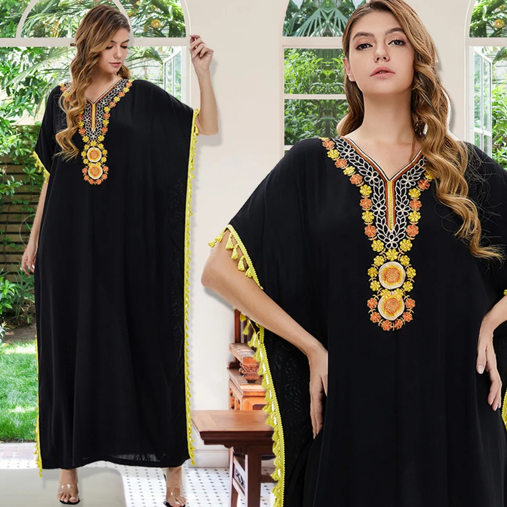Платье с длинным рукавом для мусульманской женщины, черное свободное платье большого размера с принтом, исламский халат, атласная абайя, пл...