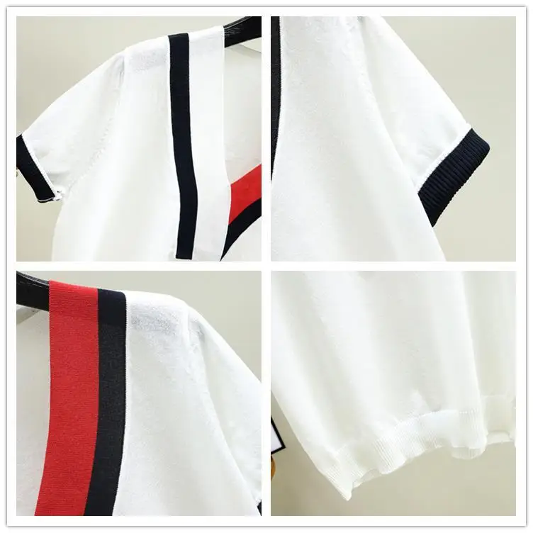 

Summer New Style Female Hollow V-neck Shirts Loose Bat Shirt Bottoming All-match T-shirt Female Ice Silk Knitted Tshirt