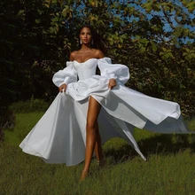 Robe de bal longue à épaules dénudées, manches longues bouffantes, fente haute, robes de soirée élégantes pour femmes, grande taille, sur mesure  (4)