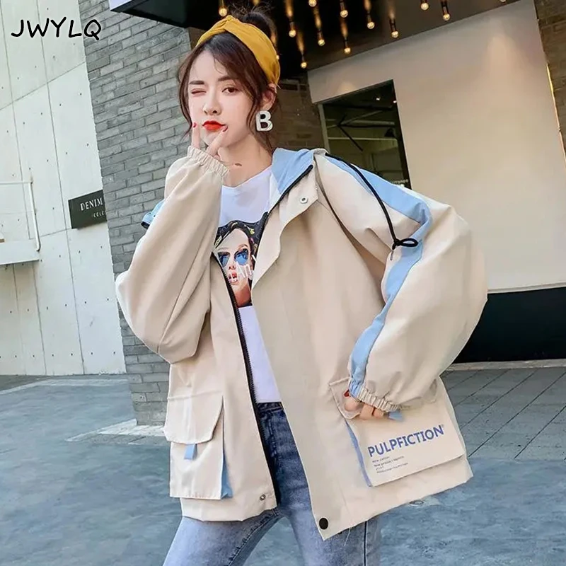 

Tooling Coat Korean Hooded Big Pocket Preppy Style Coats Women Spring Autumn Letter Printing Baseball Uniform All-match Jackets