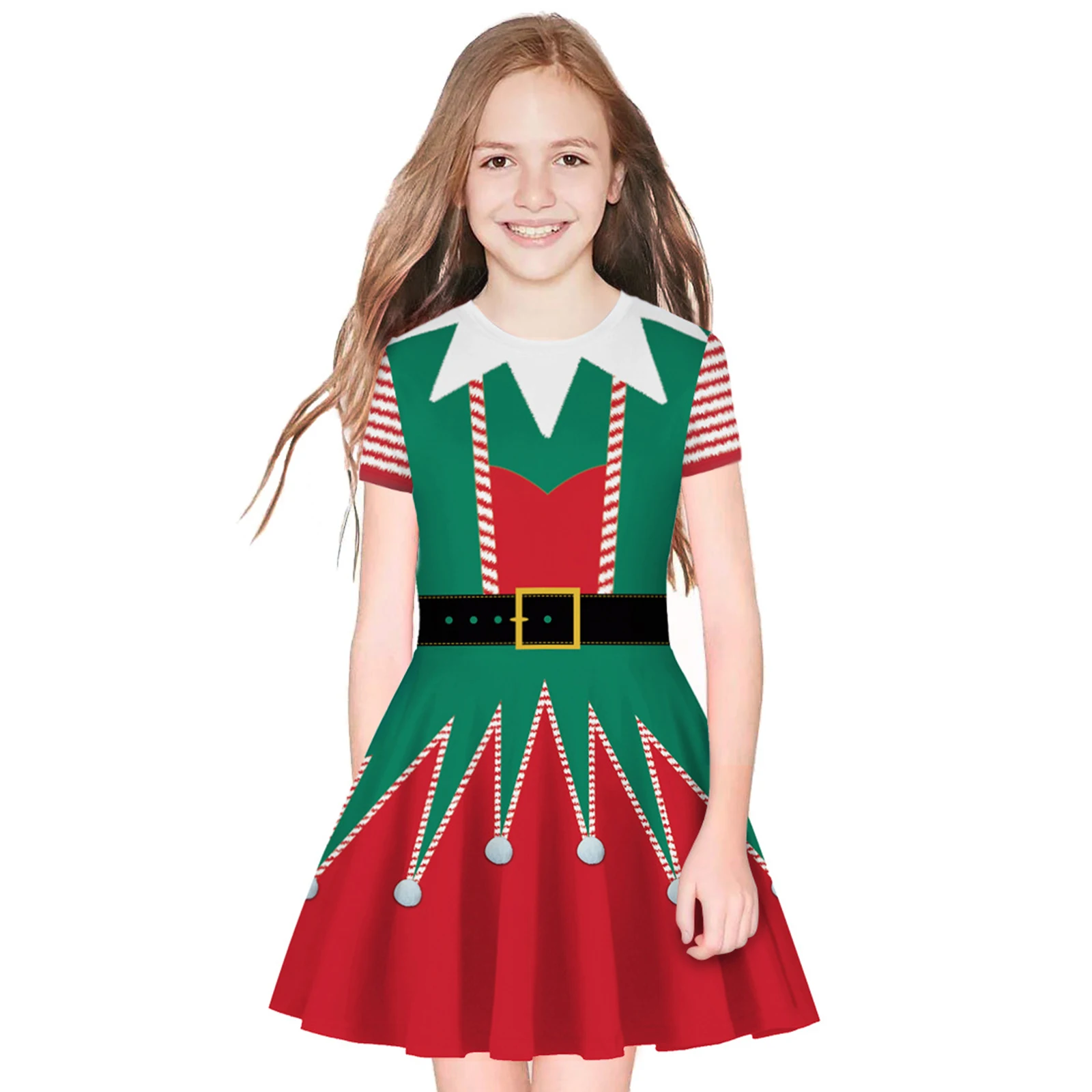 

Kids Girls Christmas Dress Girls Costumes Round Neck Short Sleeves 3D Print Dress Parentage Clothes for Holiday Gathering