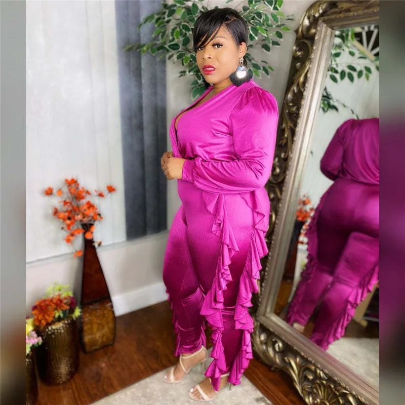 

Rose Red Cascading Ruffles Plus Size Jumpsuit Women Deep V Neck Full Sleeve Bodycon Rompers Street Style Skinny Club Bodysuits