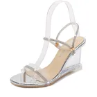 Женские прозрачные шлепанцы на танкетке, сандалии с открытым носком, высокий каблук с кристаллами, сланцы, пикантные, серебристые, черные, на лето