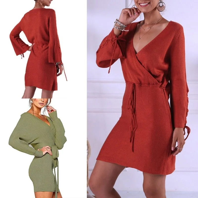

Women's Vestidos Autumn Fashion Sweater Dress Ladies Long Bell Sleeve Lace-up Loose Casual Knit Dresses Winter Dress 2021 Women