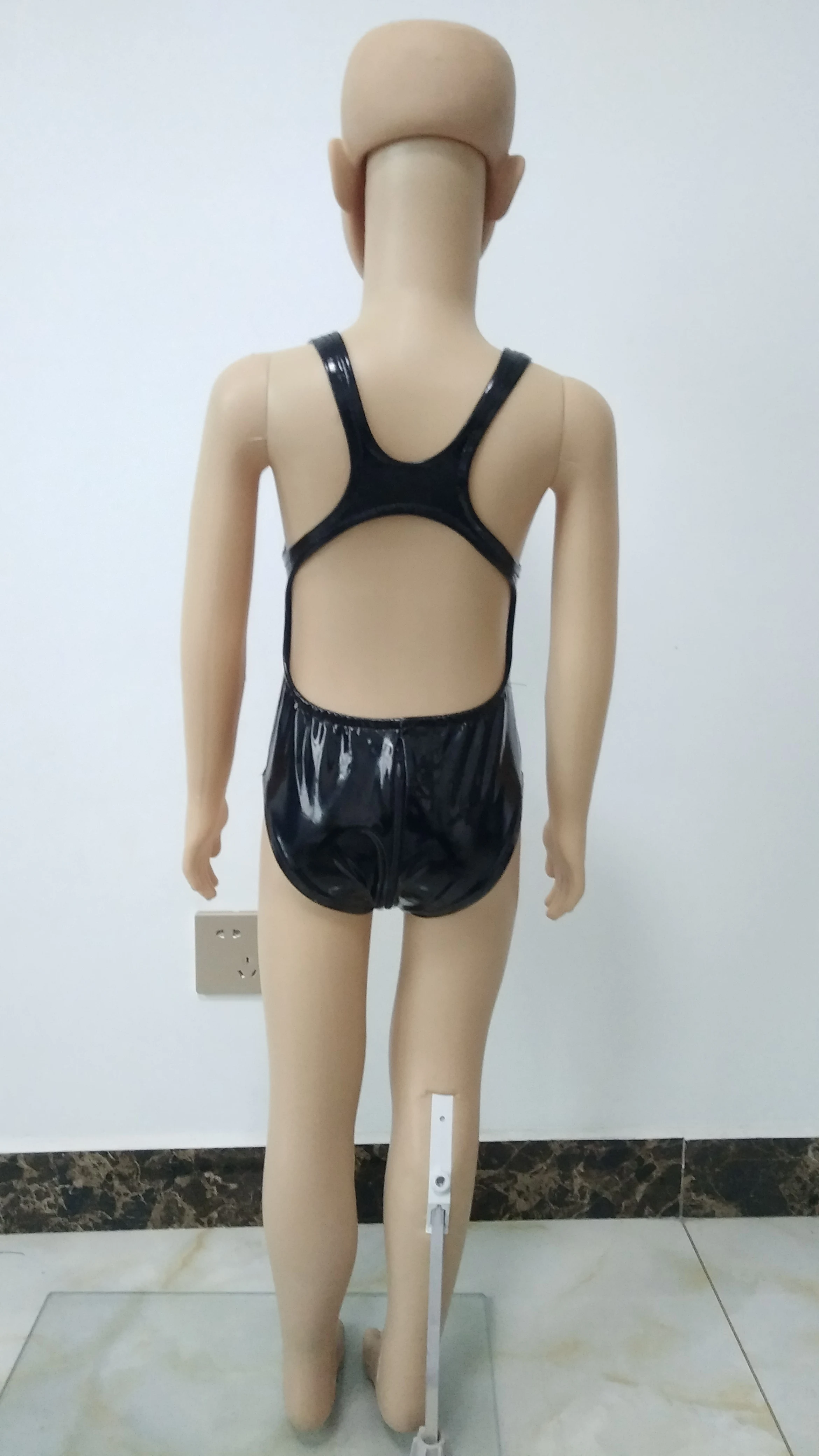 Детский слитный купальник короткий Облегающий комбинезон из ПВХ и кожи с молнией