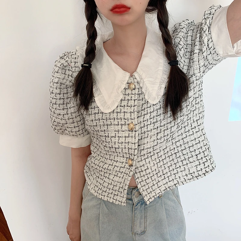 Элегантная клетчатая блузка для женщин короткий рукав укороченный топ