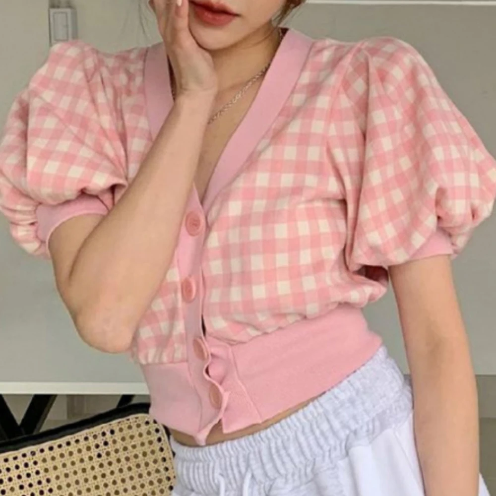 

Vintage Puff Sleeve Plaid T-shirt for Women 2021 New Summer Fashion High Waist Short Sleeve Button Top Casual Female Slim Tshirt