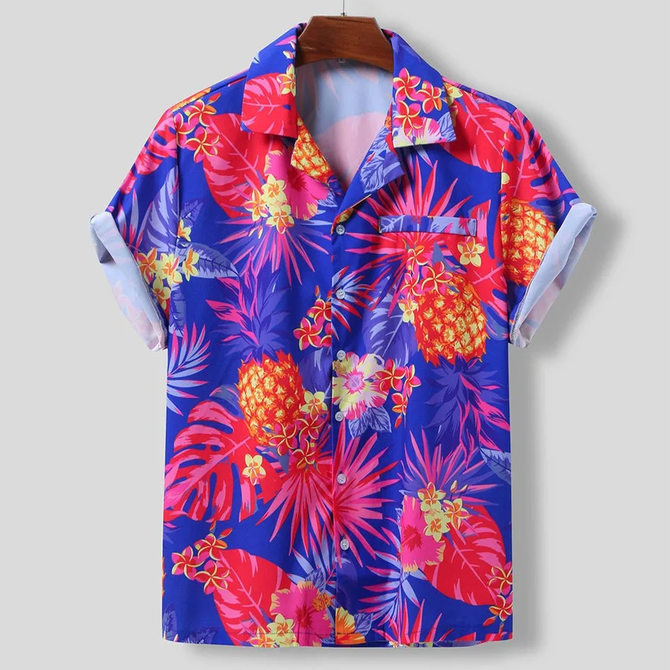 

Men Ethnic Style Printied Shirt Short Sleeve Hawaiian Shirts 2021 Summer Casual Shirts Loose Button Blouse Streetwear Tops