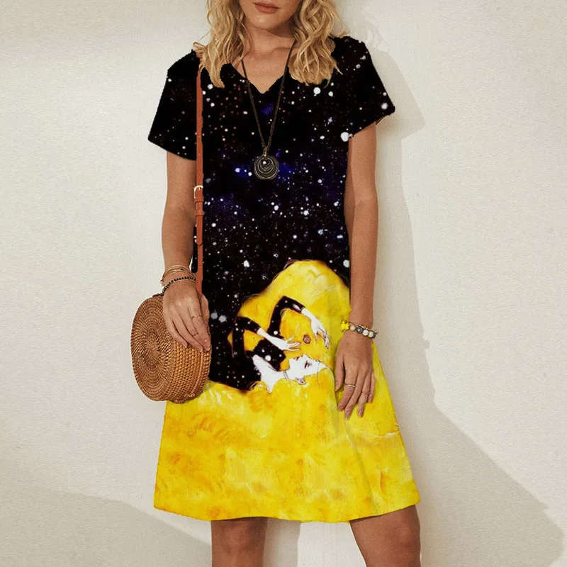 

2021 summer new commuter banquet dress fashion temperament printed A-line skirt French hedging waist loose waist women's dress