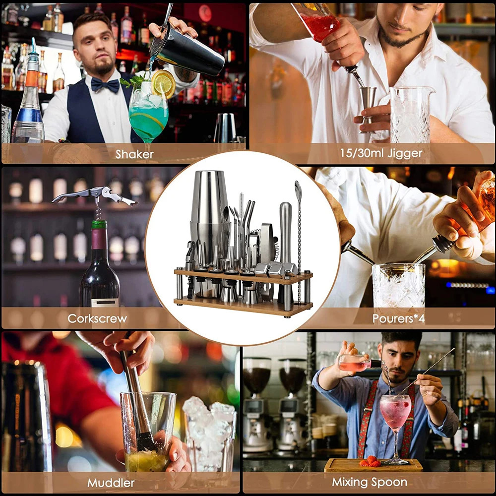 Juego de coctelera de 23 piezas, Kit de camarero con soporte de bamb&uacute; desmontable, herramientas de Bar para casa y fiesta de acero inoxidable, regalo perfecto-3