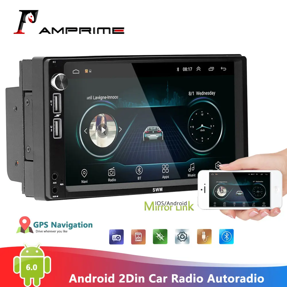Автомагнитола AMPrime 2Din на Android 7 &quotHD плеер GPS Wi Fi мультимедийный проигрыватель MP5