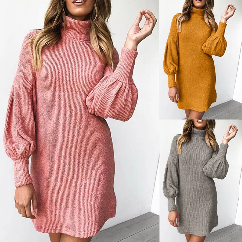 

New Elegant Thread Sweater Dresses For Wome Long Sleeve Solid Loose Fashion Basic Autumn Winter Knitted Dress