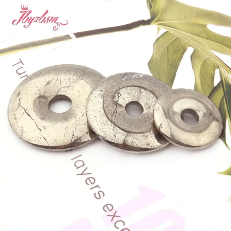 25 35 40mm Natural Donut Circle Silver Gray Pyrite Stone Beads for DIY Charm Accessories Necklace Pandant Jewelry Making 1 Pcs