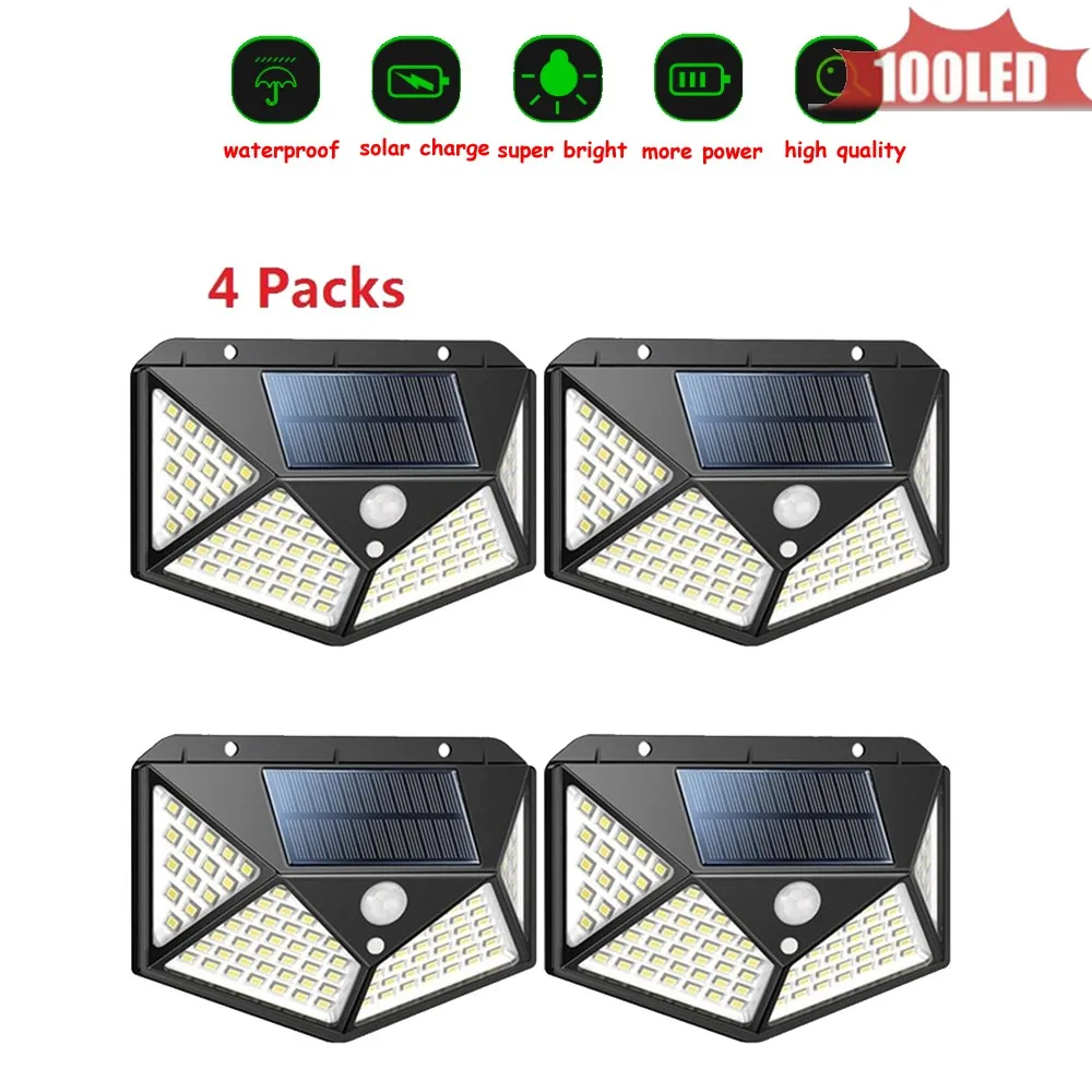 

100LED Outdoor Wall LED Solar Night Light PIR Motion Sensor Lamp Auto On/ OFF Waterproof Porch Street Fence Garden Lighting 4 si