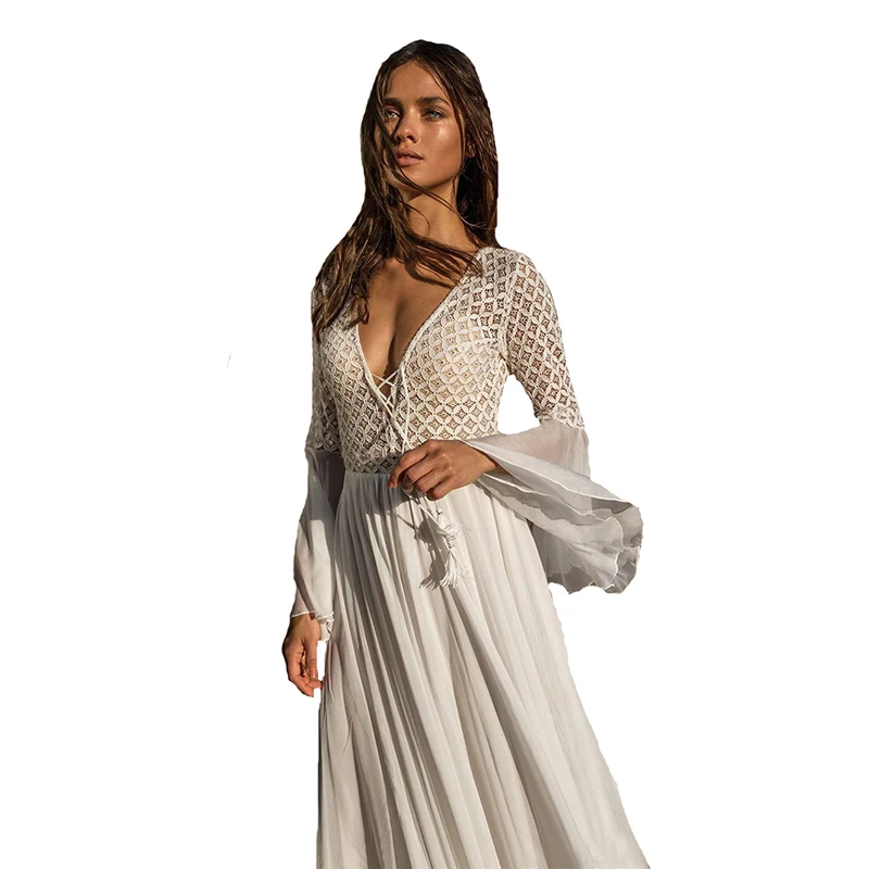 Платье женское кружевное с длинным рукавом V-образным вырезом кисточками в стиле