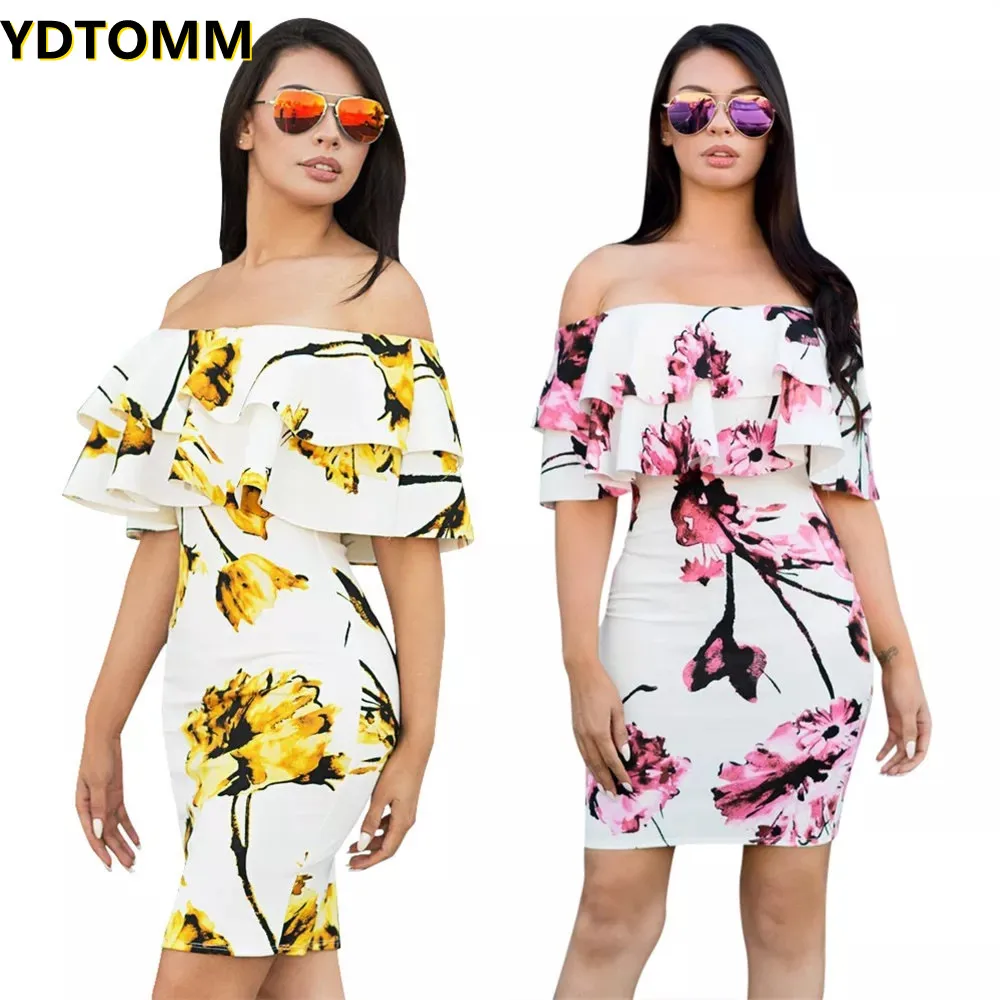 

2021 New Summer Printed Ruffled Dress Women Strapless Off Shoulder Mini Dresses Fashion Slim pink yellow flower dress elegant