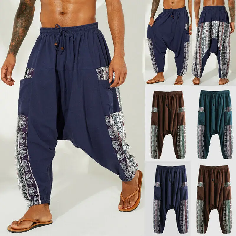 Брюки мужские в этническом стиле модные штаны с широкими штанинами бохо