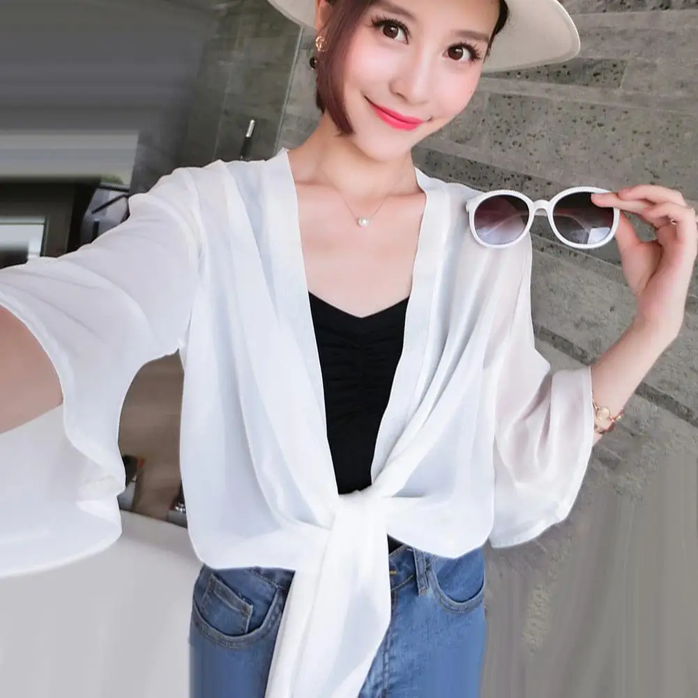 

Women Solid Color Open Front 3/4 Sleeve Anti-UV Coverup Blouse Sheer Shrug Thin Cardigan Loose& Thin Style Summer Beach Blouse