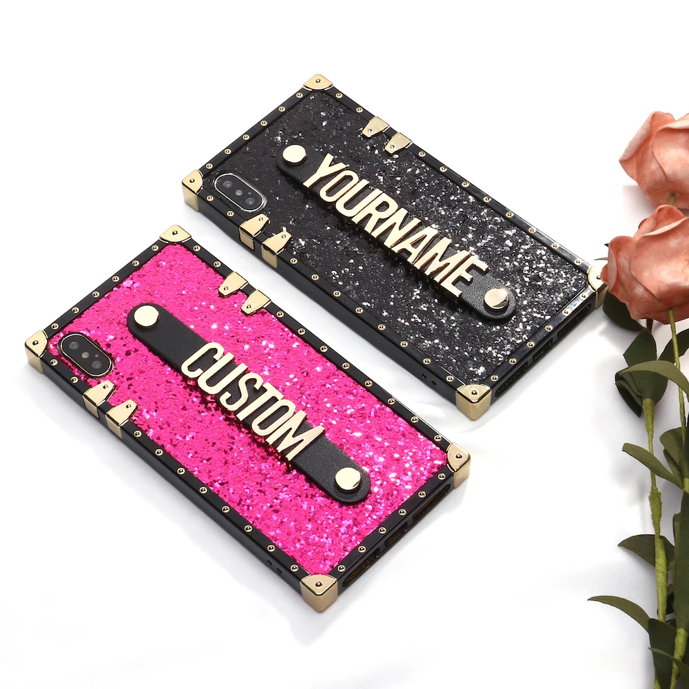 

Custom Glitter Trunk Case Holding Strap Gold Metal Personalized Name Phone Case For iPhone 12 11 Pro XS Max XR 7 7Plus 8 8Plus X
