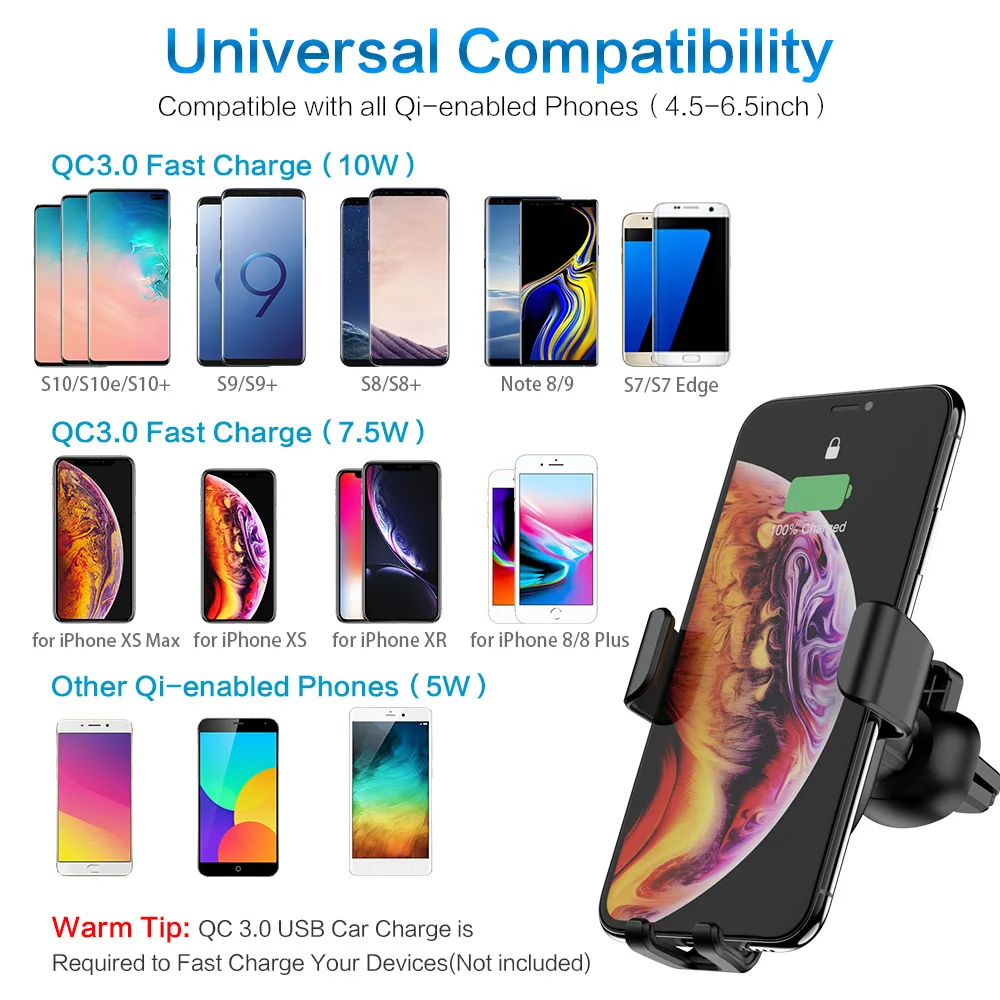 10 вт автомобильный держатель для телефона с быстрой зарядкой Qi iPhone 8 Plus XS MAS X Samsung S8