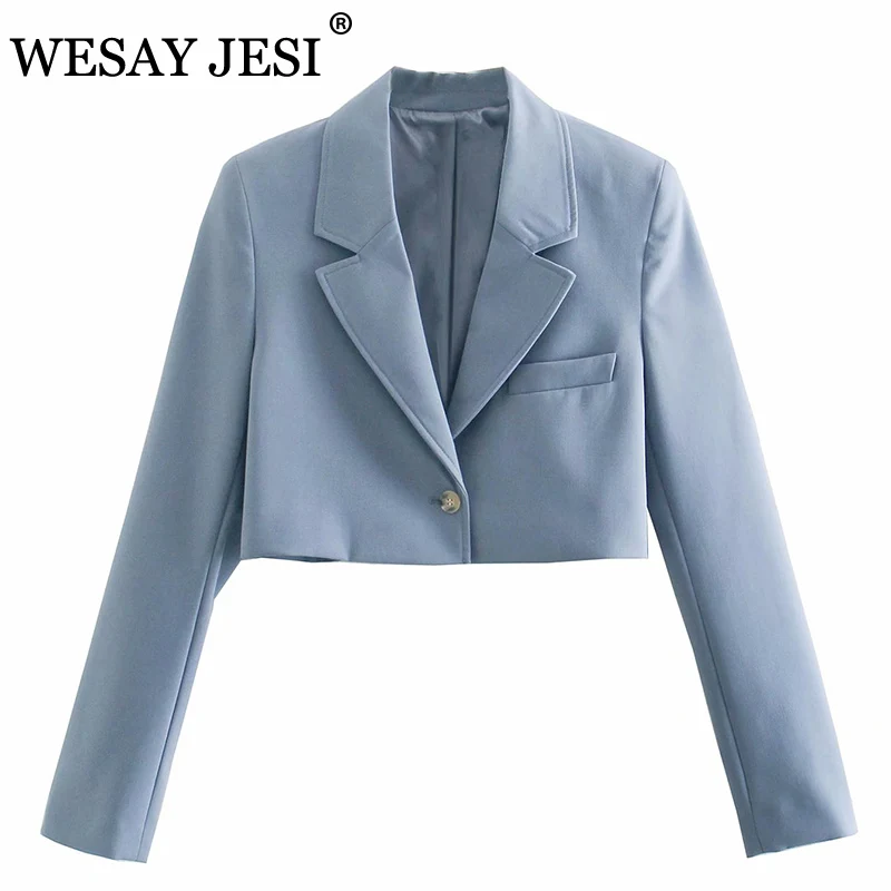 

Женский винтажный пиджак WESAY JESI, однотонный элегантный укороченный пиджак с длинным рукавом, синяя куртка на одной пуговице на весну