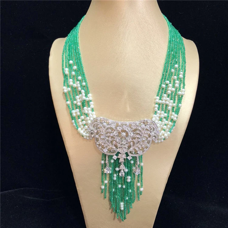 18'' 9 Strands Faceted Green agate Freshwater Cultured White Pearl Necklace CZ Pendant