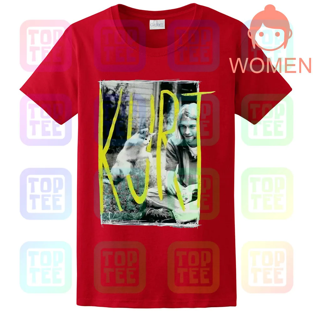 WOMEN-RED Kurt Cobain& Kitten Cat 90s Icon Nirvana черная футболка Новинка! Панк гранж(3D5 - Цвет: WOMEN-RED