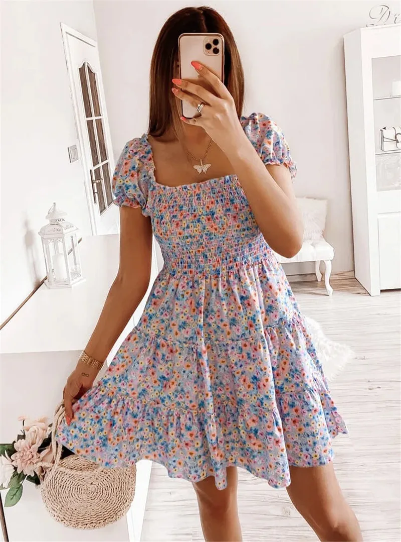 

New Women Printed Flowers Dress Sexy Square Collar Cupcake Dress Fashion Women Ruffled Dress High Street Summer Clothes