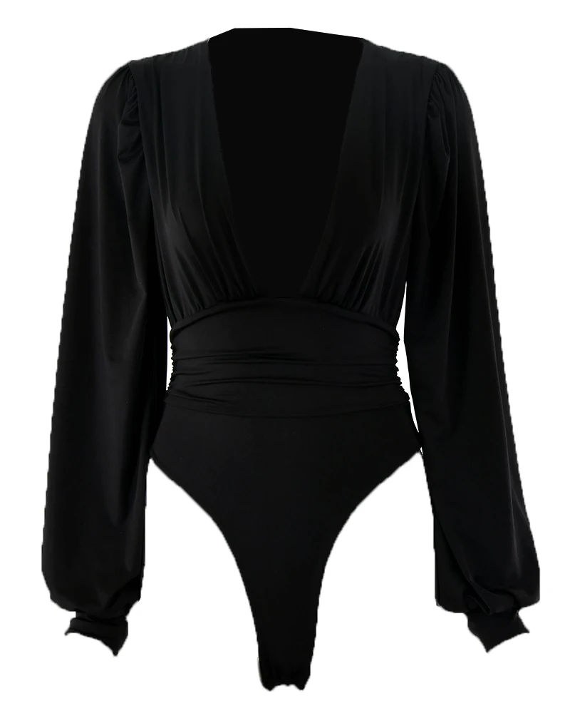 Ladifit Black Deep V Neck Bodysuit Women Sexy Puff Sleeve Bodycon Jumpsuit Solid Elastic Casual Party Winter Bodysuits Body Tops