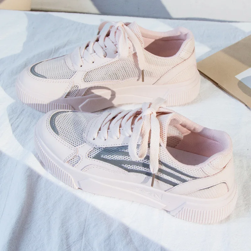 Pink New Small White Shoes Women Breathable Reflective Stripe Shine Fashion Sneakers Ladies Casual Run Jogging Shoes Student Trainers - Цвет: Pink