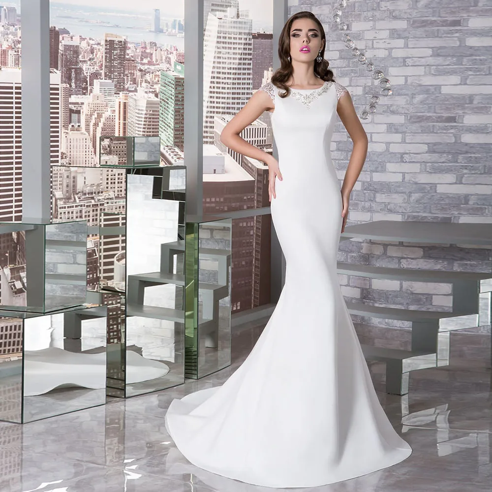 

Unisex Short Sleeve White Floor Length Scoop Wedding Dresses for Women 2021 Bridal Court Train Sheath Button Custom Made Color