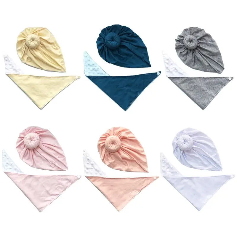 

Детский комплект из 2 предметов: Круглая Шапочка с бантиком + слюнявчик, эластичный головной убор для новорожденных, Шапка-тюрбан, комплект ш...